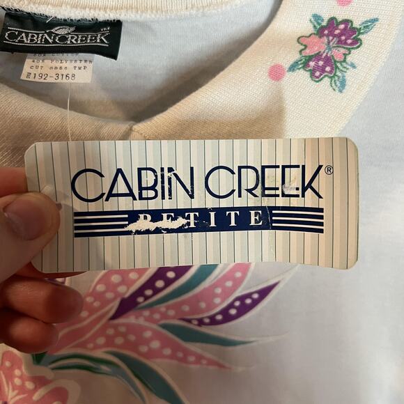 Vintage Cabin Creek Shirt Womens Petite 14P White Floral Graphic Banded Hem 90s - Picture 6 of 11